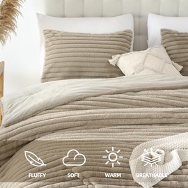 Smoofy Fluffy Full Size Comforter Sets 3 Pieces - Linen Fleece Fluffy Comforter Set, Luxury Fuzzy Full Bedding Set, Soft Comforter Full Size All Season, Heavy Faux Fur Comforter with 2 Pillow Cases