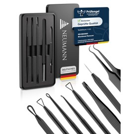 NEUMANN Blackhead Remover Set (Stainless Steel) for Removing Pimples, Blackheads etc. - Comedone Squeezer, Lifter, Remover - Various Tools: Loops, Tweezers, Lancet [Black]