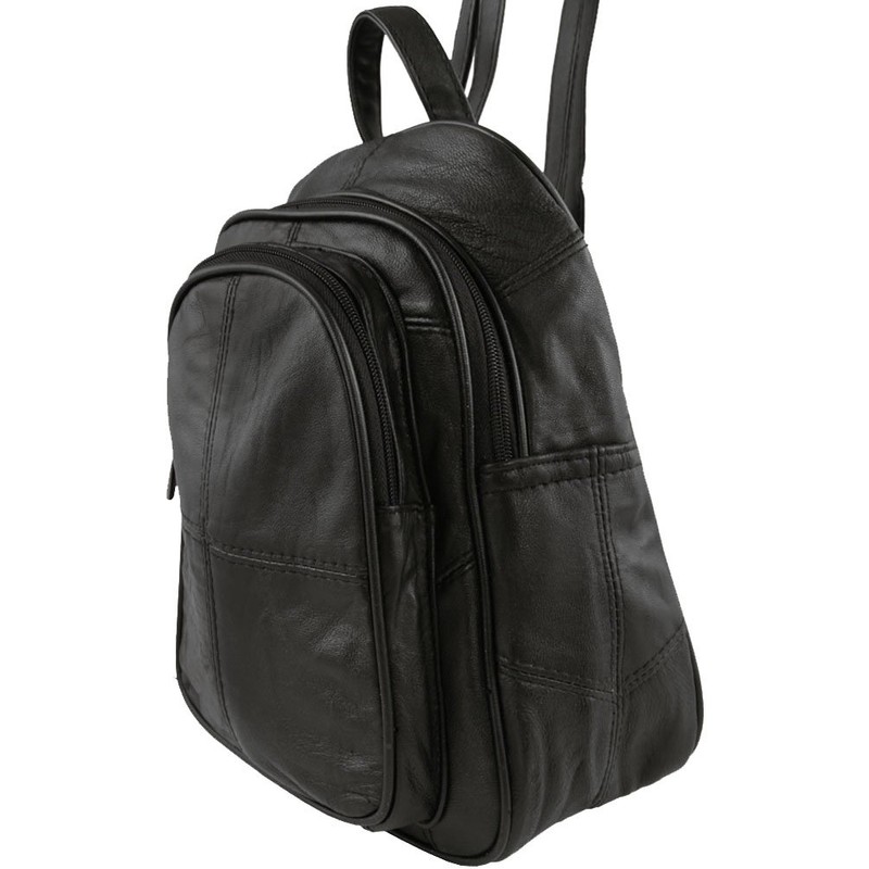 Ladies Soft Real Leather Backpack Rucksack Bag- Triple Zipped (Black)