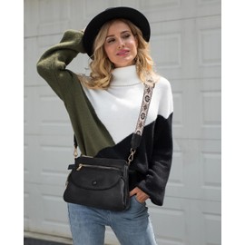 FOXLOVER Crossbody Bags for Women Triple Zip Trendy Vegan Leather Shoulder Purses with Colored Shoulder Strap (Black)