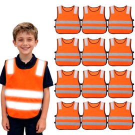 PORFOYO Pack of 12 High Visibility Vests for Car, High Visibility Vest, Children, Safety Vest, 40 x 45 cm, Reflective Vest Children for Sports, Running, Bike, School, Car, Boys, Girls (Orange)