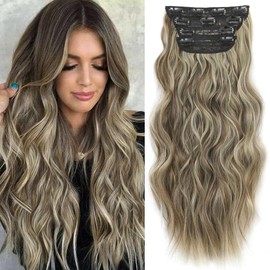 Clip in Long Wavy Synthetic Hair Extension 24 Inch 4PCS 220g Thick Hairpieces Fiber Double Weft Hair for Women (Medium Brown Ash Blonde 24")