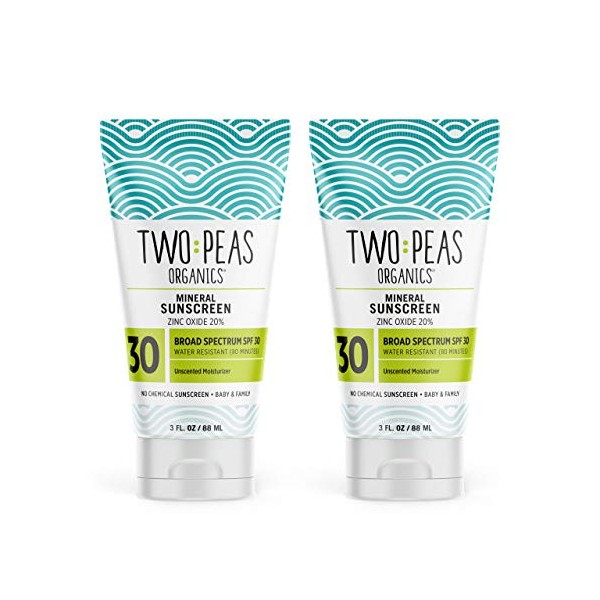 Two Peas Organics - All Natural Organic SPF 30 Sunscreen Lotion - Coral Reef Safe - Baby, Kid & Family Friendly - Chemical Free Mineral Based Formula - Waterproof & Unscented - 3oz (two Pack)