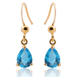 Dangle Drop Pierced Earrings with Pear Cut CZ Simulated Aquamarine in 18K Yellow Gold Plated, Simple Modern Elegant