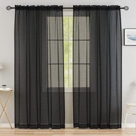 MYSTIC-HOME Window Curtains Black Sheer 90 Inches Long 2 Panels Tulle for Bedroom Panel Sets Rod Pocket Living Room Kitchen Yard 52 W x L