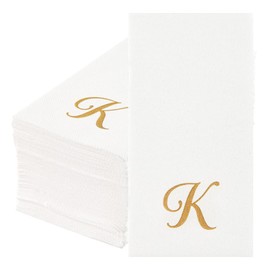 Luxenap 15.8 X 7.9 Inch Linen-Feel Guest Towels, 50 Lettered Hand Towels - Gold Letter 'K', Cursive Font, White Paper Dinner Napkins, airlaid, For Restrooms And Tables - Restaurantware