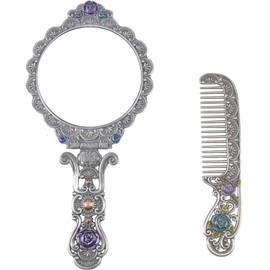 Nerien Juego de peines de espejo clásico de metal antiguo estilo rosa de mano espejo de maquillaje de viaje redondo plegable espejo cosmético mango de cambiador para mujer espejo decorativo espejo de mesa antiguo peltre