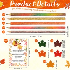 Harloon 50 Set Thanksgiving Gifts Fall Novelty Pencils Including Cute Mini Maple Leaf Erasers Autumn Party Favor Bulk Holiday Cards with Presharpened Pencils for Classroom Students School Prizes