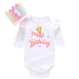 AXAZZNI My 1 year old babies girl birthday outfit baby girls sweet Print one Clothes first happy, 1st Birthday Crown Whitelong, 12 Months