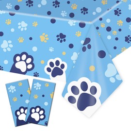 SAVITA 2pcs Blue Dog Paw Print Plastic Tablecloth, 54x108in Cute Rectangle Table Covers for Puppy Birthday Party Supplies & Pet Themed Decorations