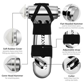 SZEOF - Martillo de seguridad, herramienta multifuncional de escape de coche con cortador de cinturón de seguridad y interruptor de ventana, martillo de escape de emergencia, plata metálica, 1 unidad