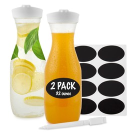 Plastic Juice Carafe with Lids (Set of 4) 32 oz Carafes for Mimosa Bar, Drink Pitcher with Lid, Water Bottle, Milk Container, Clear Beverage Containers for Fridge, Pantry Storage, Round Pitchers