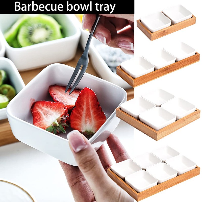 WENMAQIN Ceramic Snack Bowls with Bamboo Tray Set,Divided Serving Bowls