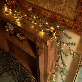 BAOLITVINE Lighted Pine Garland 6FT 48 Warm White LED Lights, Christmas Garland with Lights Battery Operated with Timer for Indoor Outdoor Home Fireplace Xmas Decorations