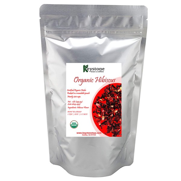 Organic Hibiscus Tea (16 Oz) Certified Organic loose leaf tea help lower blood pressure, caffeine free, Flor De Jamaica