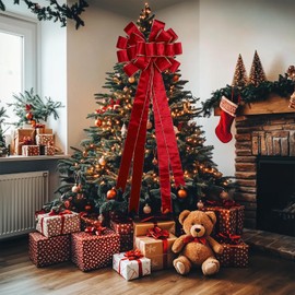 LaRibbons Large Christmas Tree Topper Bow,13 x 43 Inch Double Faced Velvet Red and Gold Tree Ribbon Topper Bow for Xmas Ornament Indoor Outdoor Decoration