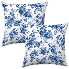 2 Pcs Blue Floral Pillow Covers, Outdoor Pillow Covers, Soft Support Throw Pillows for Couch, Flannel Pillows Cases Spring Decor for Home Sofa Couch Living Room Cottage Patio Garden - Blue Floral