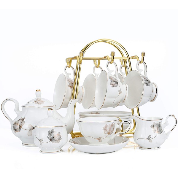Tea Sets 22-Piece Porcelain Ceramic Coffee Tea Gift Mother's Day Sets Teapot and Cup Set Cups Saucer Service for 6 Teapot Sugar Bowl Creamer Pitcher and Ceramic Coffee Tea Gift Sets