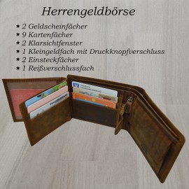 flevado Men's Fishing Wallet Fish Motif Full Leather RFID Protection, brown, Modern