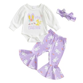 CREAIRY Newborn Baby Girl Easter Outfit My 1st Easter Knitted Romper Bodysuit T-Shirt Tops Bell Bottom Pants Clothes Set (Purple, 0-3 Months)