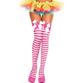 Benefeet Sox Womens Thigh High Socks Argyle Girls Novelty Striped Over the Knee High Socks Funny Crazy Long Stockings, Pink and White Stripe, Satin Bow, Strawberry, One Size