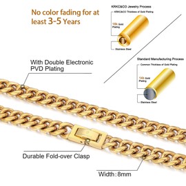 KRKC&CO 8/10/12mm Cadena de Oro Para Hombre, Cadenas Cubana de Plata, Collares Dorada 14k de Acero Inoxidable, 46-66cm de Largo, Joyeria Regalo para Él Mujer