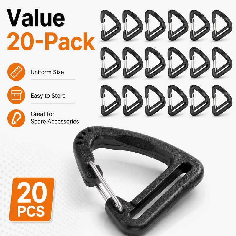 20Pcs Plastic Carabiner Clips, 1 Inch, Black Triangle Snap Hooks