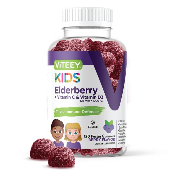 Sambucus Black Elderberry Gummies Formulated for Kids - Immune Booster Plus Vitamin C and Vitamin D - Herbal Dietary Supplements, Gelatin Free, Pectin Based - Berry Flavored Chewable Gummy