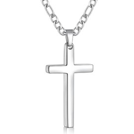 Fiusem Cross Necklace for Men, Stainless Steel Mens Cross Necklaces with 3.5mm Figaro Cross Chain, Silver Tone Medium Cross Chain Necklace, 24Inch