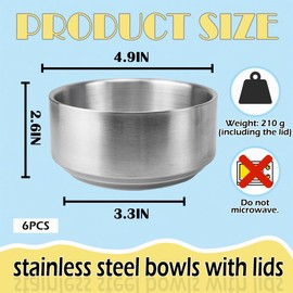 GSYUWIH 6 Pcs Stainless Steel Rice Bowl with Lid Korean Kitchenware Large Insulated Bowl Multifunctional Soup Bowls Snacks Bowls for Keeping Food Warm Snacks Lunch Box Parties（5.11in Silver