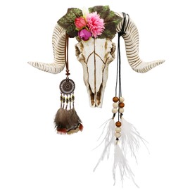 alikiki Animal skull head decor - 3D DIY Flower sheep head Wall Hanging - Boho Chic Decor Faux Taxidermy Ram Sheep head wall mount w/Dreamcatcher Feather for Bedroom Living Room 21pcs