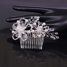 BiBeary Women Elegant Wedding Bridal Crystal Simulated Pearls Maple Flower Manual Handmade Hair Comb Hair Jewellery Silver-Tone