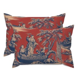MISSUYSA Dynasty Red Chinoiserie Lumbar Support Pillow Case Set of 2 Asian Chinese Throw Pillow Cover 12x18in Decorative Pillow Home Cotton Linen Vintage Pillow Case for Couch Bedroom Living Room