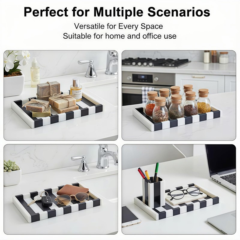 Black White Striped Marble Tray, 12" Rectangular Vanity Jewelry Organizer