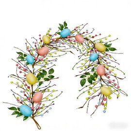6FT Easter Decorative Garland with Pastel Eggs, Berries and Green Leaves, Spring Holiday Home Decor