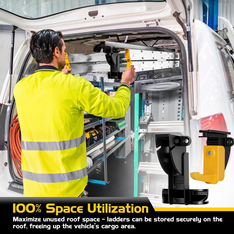 Van Interior Ladder Storage System Utilizes Overhead and Interior Sidewall