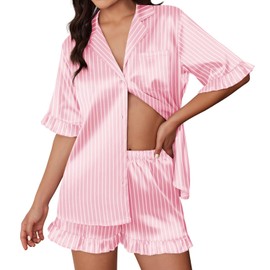 Ekouaer Silk Satin Pajamas for Women Print 2 Piece Button Down Pjs Shorts Set Ruffle Sleepwear,Pink White Stripes,M