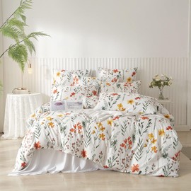 Luofanfei Floral Bed Linen Colourful 135 x 200 cm Green White Floral Pattern Plants Spring Summer Bedding Set Floral Microfibre Duvet Cover Single Bed 135 x 200 cm and Pillowcase 80 x 80 cm with Zip