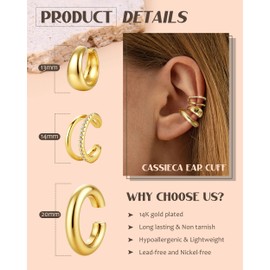 CASSIECA 3Pcs Chunky/Thin Ear Cuffs Non Piercing for Women - Dainty 14K Gold Plated Cuff Earring Trendy Cubic Zirconia Ear Cuff for Women Cartilage Jewelry Gift