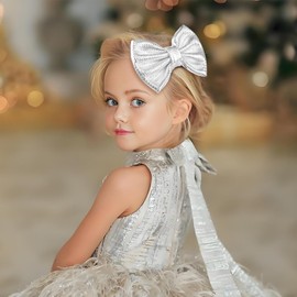 YanJie Glitter silver Hair Bow for Girls Metallic Bows Toddler Teen Kids Hair Accessories Shiny Sequin Pigtail Bows for Christmas New Year Gift