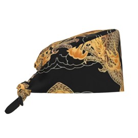 Oriental Dragon Working Cap Scrub Cap with Sweatband,Adjustable Fashion Elastic Bandage Tie Back Hat Headwear Printed for Women Men