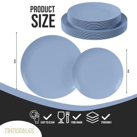 Plastic Dinnerware Set Plastic Plates 40 Piece Plastic Disposable Plates for Party Set - 20 Guests 20 X 8" Dessert Plates & 20 X 10" Plastic Plates Disposable Heavy Duty | Chambray Blue By Trendables