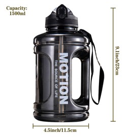 Ogetok 1.5L Large Water Bottle 50oz Black Water Jug, 0.4 Gallon Sports Gym Drink Container with Handle & Straw, Leakproof BPA Free Big Water Bottle to Ensure You Drink Enough Water Daily for Fitness