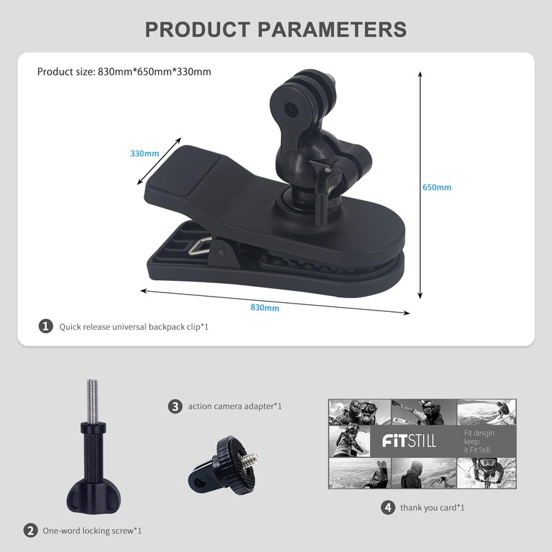 FiTSTILL Backpack Clip for Action Cameras, 360° Adjustable Ball Head,