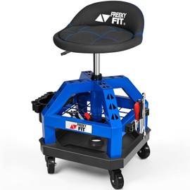 FreekyFit Rolling Shop Stool for Garage with Casters, DO02-Adjustable Height 360° Swivel Shop Seat with Tool Tray Storage, 330 LBS Capacity Padded Mechanic Stool, Magnetic Tool Hold, Heavy Duty, Blue