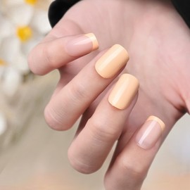 FERLYHR Press on Nails Short Square – Glossy Acrylic Fake Nails Kit, Natural Reusable Stick on Nails for Women, 24Pcs – Thick, Durable, Easy to Apply(04-Yellow pink, Short)