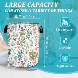Vintage Floral Laundry Basket, Plants Herbs Flower Laundry Hamper Foldable Waterproof Funny Tote Bag Dirty Clothes Storage Bucket Toy Organizer for Bathroom/Laundry/Bedroom 15.7"x19.6"