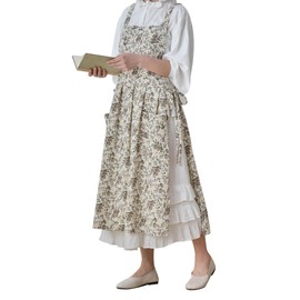 OBEEII Apron for Women Girls Cute Cotton Linen Kitchen Cooking Apron Dress with Pockets Vintage Floral Print Pinafore Dress Baking Gardening Work Art Painting Florist Shop Overalls White-Floral Print