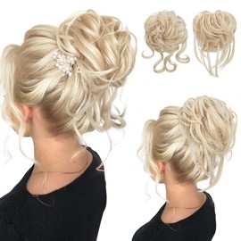 SARLA 2PCS Messy Bun Hair Pieces for Women Wavy Curly Synthetic Hairpieces for Updos with Tendrils Fake Scrunchies Ponytail Extension Light Champagne