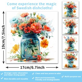 SNEMUDF 4 PCS Swedish Kitchen Dishcloth Hand Drawn Pattern Floral Fruit Absorbent Cotton Kitchen Dish Towel for Party Home Housewarming Cleaning Counter Wipes 6.7 x 7.5 Inch (Vase)